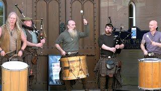 Clanadonia - the wild men of Scottish Street Pipes and Drums outside Scone Palace