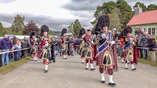 Massed pipes & drums parade - to the 2018 Braemar Gathering Royal Highland Games in Scotland (4K)